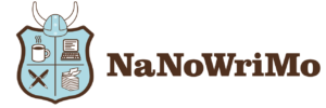 NaNoWriMo logo, which is short for National Novel Writing Month. It is a light blue and brown badge depicting a mug of coffee, a computer, a stack of papers, and two crossed pens in four quadrants going clockwise. There is a viking helmet on top. Next to it is the word "NaNoWriMo"